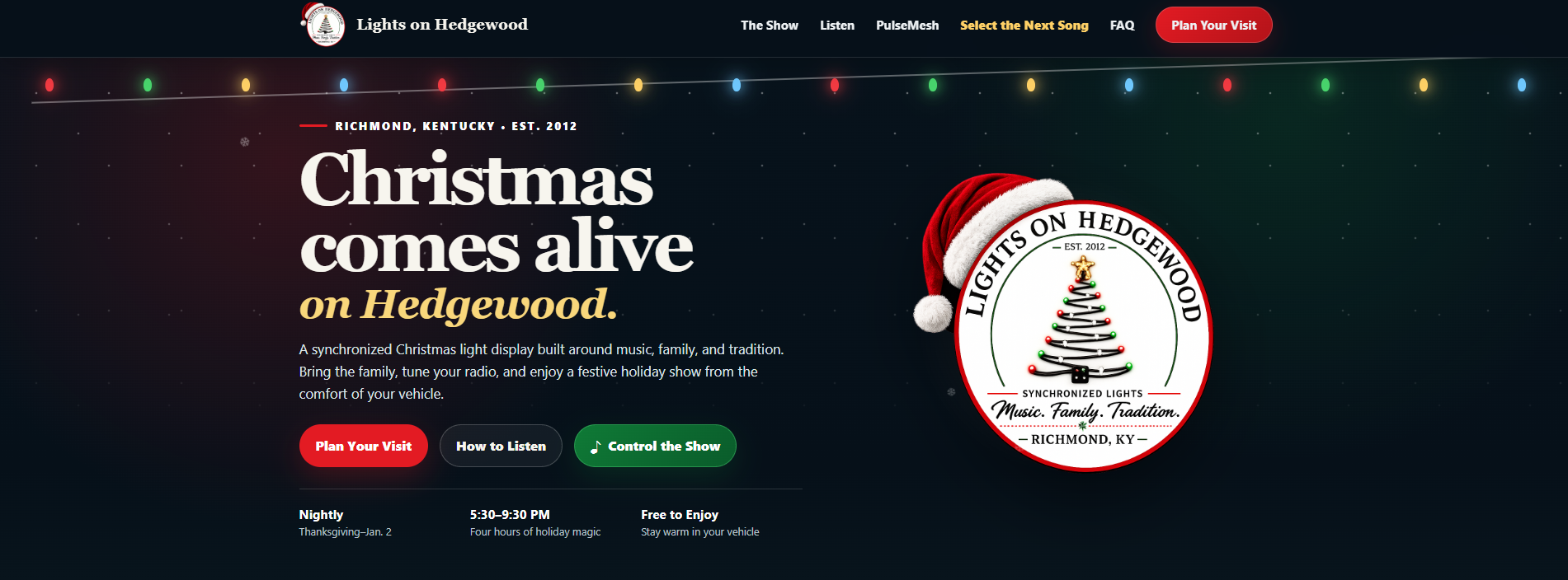 Homepage screenshot of Lights on Hedgewood