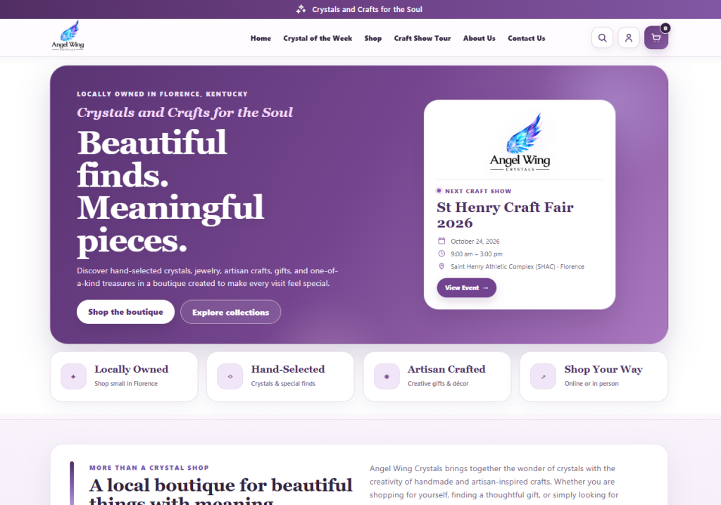 Homepage screenshot of Angel Wing Crystals