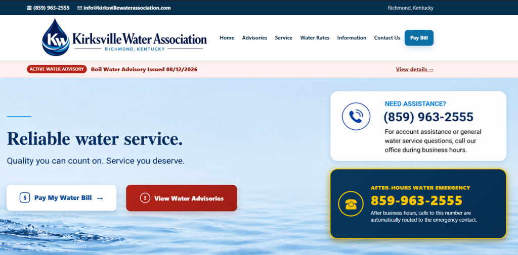 Homepage screenshot of Kirksville Water Association